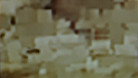 Close-up view of an LCD screen display, chaotic digital glitch pattern, distorted abstract pixelated...