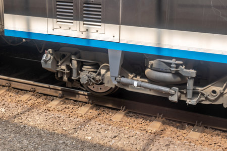 Modern passenger train wheels closeup detail shot side view, nobody. Rail transport train detail up...