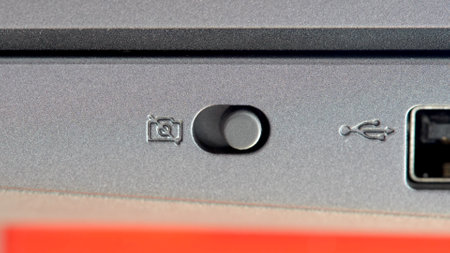Laptop camera privacy switch in an on position, webcam hardware switch control for disabling the web...