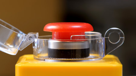 Red industrial button with open protective cover, side view of an emergency factory switch, nobody, close-up, safety control panel, machinery power button, industrial equipment detail simple shotの写真素材