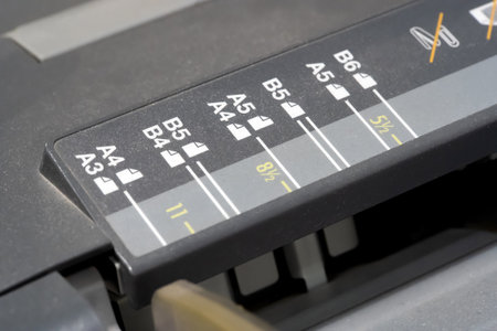 Paper size selector panel on office printer or cutter machine showing A3 A4 A5 B4 B5 B6 marks with orientation icons adjustable tray guide scale for 8.5 by 11 inch sheet professional equipment closeupの写真素材