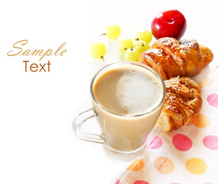 breakfast with coffee, croissants and fruits の写真素材