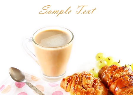 breakfast with coffee, croissants and fruits の写真素材