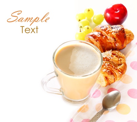 breakfast with coffee, croissants and fruits の写真素材