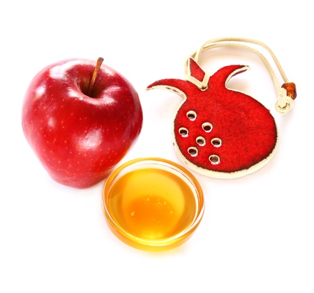 rosh hashanah concept - apple, honey and pomegranate の写真素材