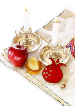 rosh hashanah concept - apple, honey and pomegranate の写真素材