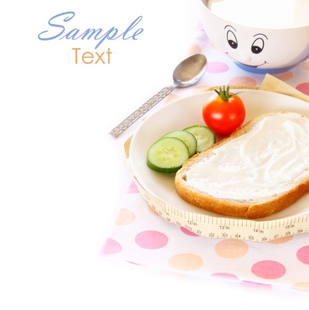  Healthy food for diet as bread and vegetables with measurement tape の写真素材