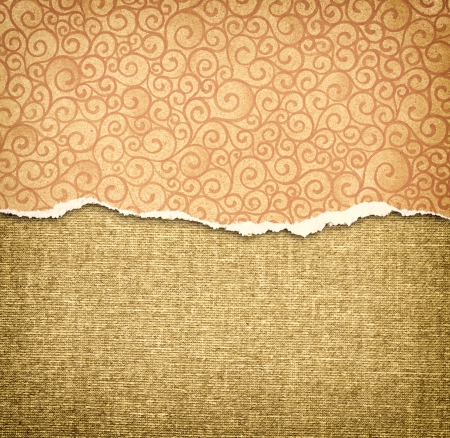 orange torn paper edge with pattern over canvas backgroundの写真素材