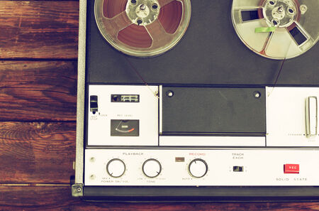 close up of old reel to reel recording machine  filtered image  の写真素材