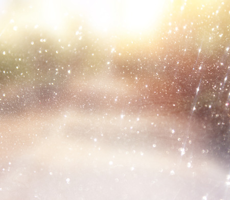 blurred abstract photo of light burst among trees and glitter bokeh lights  filtered image and textured   の写真素材