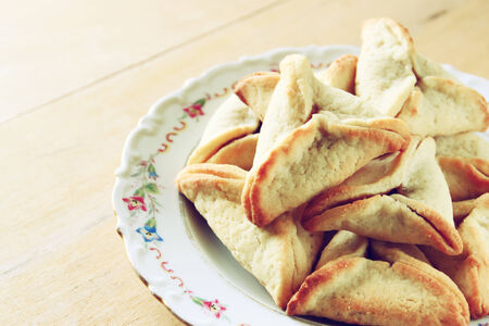 Hamantaschen cookies or hamans ears for Purim celebration (jewish holiday)の写真素材