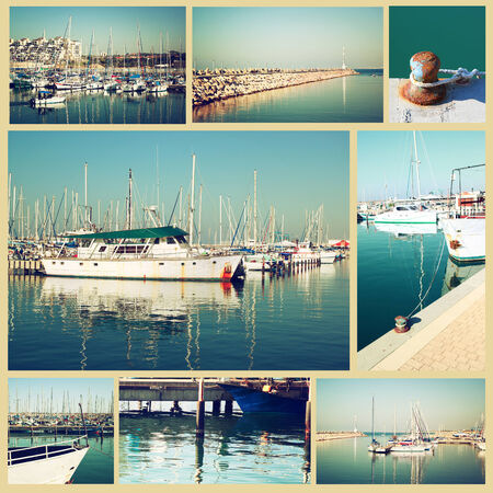 collage with yachts, boats and coast. Nautical conceptの写真素材