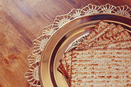 top view of passover background. matzoh (jewish passover bread) over wooden background.の写真素材