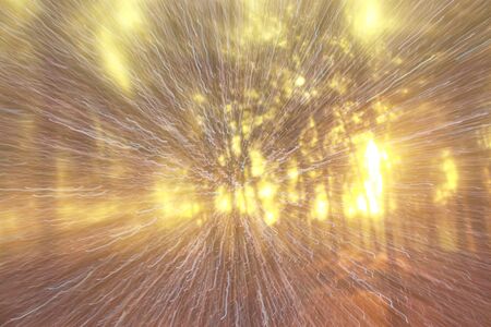abstract photo of light burst among trees and glitter bokeh lights. image is blurredの写真素材