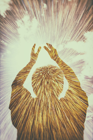 abstract photo of elder man with arms raised reaching for the sky. double exposure effectの写真素材