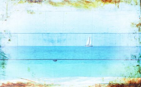 Double exposure image of sailboat at horizon on the sea and wooden planks background, vintage filter...