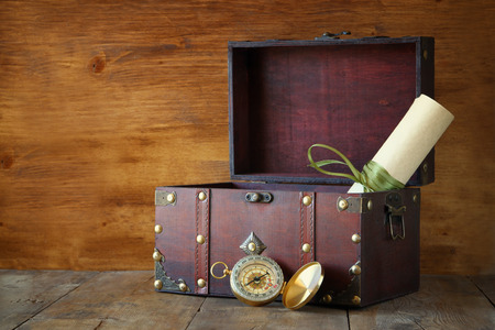 Antique compass on wooden tableの写真素材