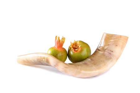 shofar horn and pomegranate isolated on white. rosh hashanah jewish holiday concept . traditional holiday symbol.の写真素材