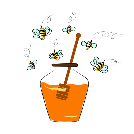 vector concept - jar with honey and flying bees. isolated on whiteのイラスト素材