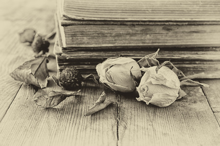 selective focus image of dry rose, antique necklace and old vintage books on wooden table. retro filtered imageの写真素材