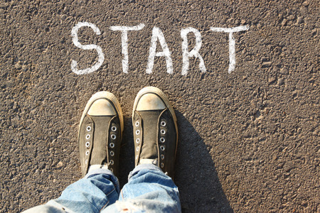 top view image of person on road with the text startの写真素材