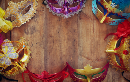 top view of colorful Venetian masquerade masks. retro filtered imageの写真素材