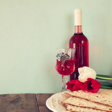 Pesah celebration concept jewish Passover holiday with wine and matza
