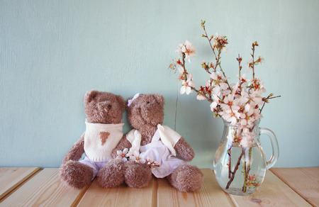 vintage filtered and toned image of cute teddy bears next to spring white cherry blossoms treeの写真素材