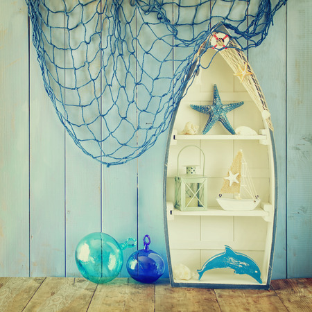 nautical life style objects on wooden table. vintage filteredの写真素材