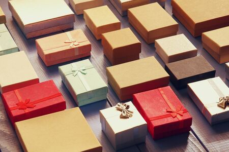 top view of various gift boxes. vintage filteredの写真素材