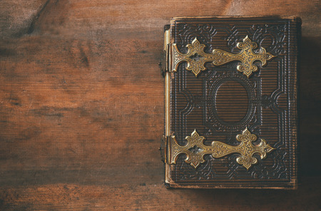 top view of antique book cover, with brass clasps. vintage filteredの写真素材