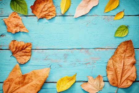Autumn background with dry leaves on wooden table.