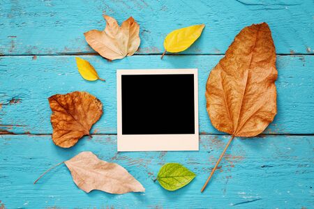 Autumn background with dry leaves and blank photo frames on blue wooden table