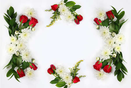 Top view of beautiful flowers arrangement on white isolated background. Copy spaceの写真素材