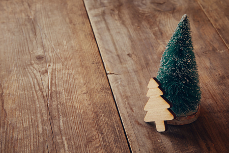 Christmas concept. Decorative christmas tree on wooden table. Selective focusの写真素材