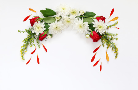 Top view of beautiful flowers arrangement on white isolated background. Copy spaceの写真素材