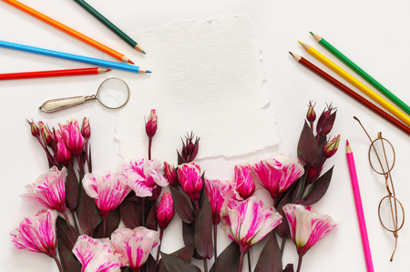 Top view of beautiful pink flowers and colorful pencils white background. Copy spaceの写真素材
