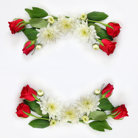 Top view of beautiful flowers arrangement on white isolated background. Copy spaceの写真素材