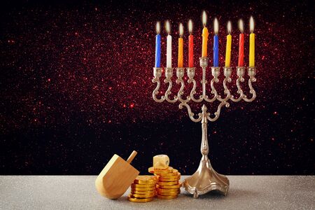 Image of jewish holiday Hanukkah with menorah (traditional Candelabra)の写真素材