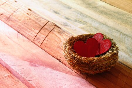 Valentines day background. Couple of red hearts in the bird nest on wooden tableの写真素材
