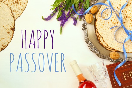 Pesah celebration concept (jewish Passover holiday). Traditional book with text in hebrew: Passover Haggadah (Passover Tale)の写真素材