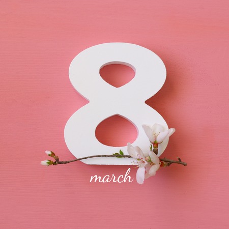 International women day concept. Cherry tree and date. Top view imageの写真素材