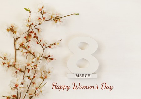 International women day concept. Cherry tree and date. Top view imageの写真素材