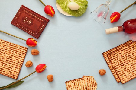 Pesah celebration concept (jewish Passover holiday). Traditional book with text in hebrew: Passover Haggadah (Passover Tale)の写真素材