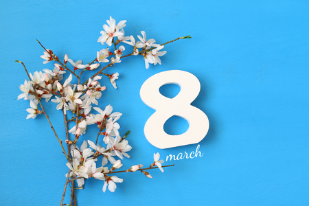 International women day concept. Cherry tree and date. Top view imageの写真素材