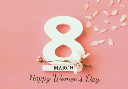 International women day concept. Cherry tree and date. Top view imageの写真素材