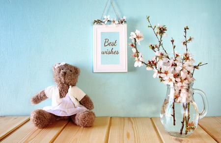 cute teddy bear sitting next to spring white cherry blossoms treeの写真素材