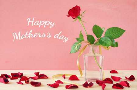 mother's day concept with rose on pink wooden backgroundの写真素材