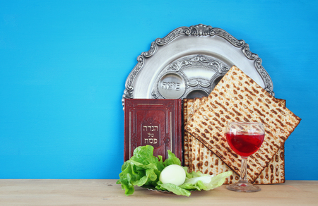 Pesah celebration concept (jewish Passover holiday). Traditional book with text in hebrew: Passover Haggadah (Passover Tale)の写真素材