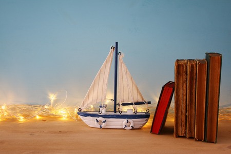 Nautical concept with sea life style objects on wooden tableの写真素材